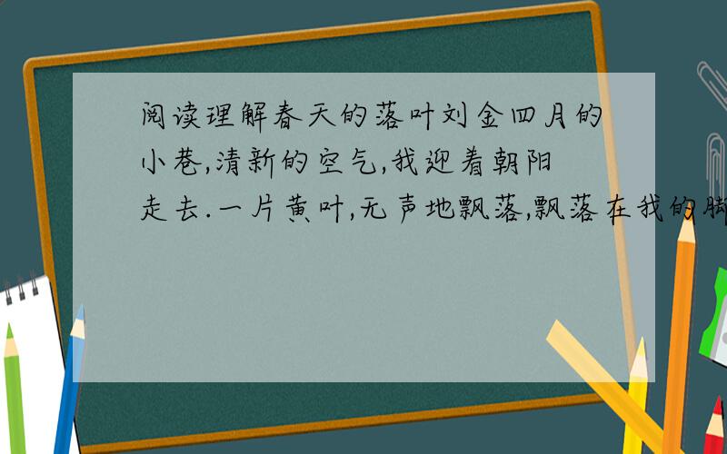 阅读理解春天的落叶刘金四月的小巷,清新的空气,我迎着朝阳走去.一片黄叶,无声地飘落,飘落在我的脚前.我仰面一看,一枝从院