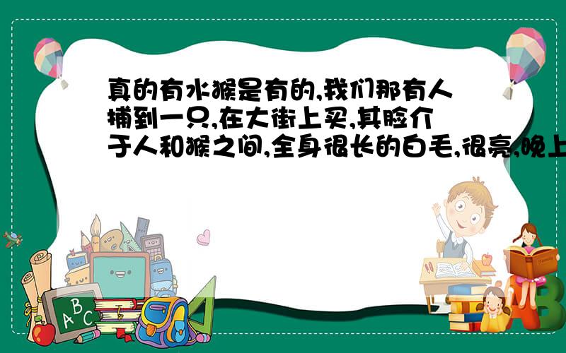 真的有水猴是有的,我们那有人捕到一只,在大街上买,其脸介于人和猴之间,全身很长的白毛,很亮,晚上反射月光,四根手指,细长