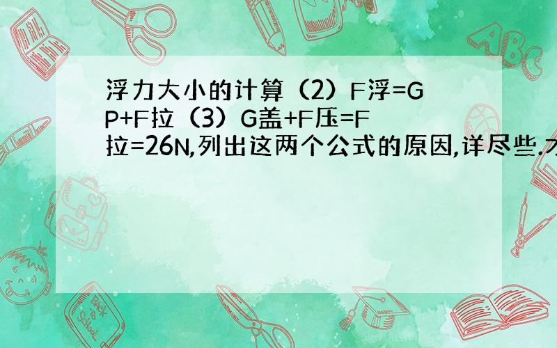 浮力大小的计算（2）F浮=GP+F拉（3）G盖+F压=F拉=26N,列出这两个公式的原因,详尽些.才刚开始学