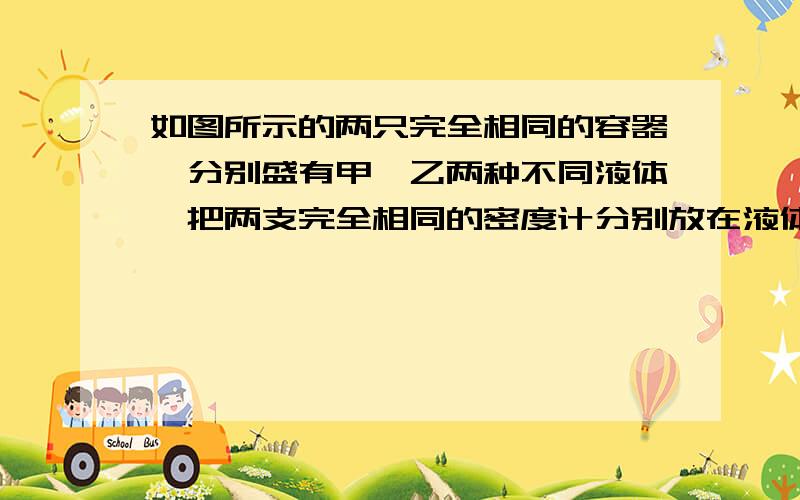 如图所示的两只完全相同的容器,分别盛有甲、乙两种不同液体,把两支完全相同的密度计分别放在液体中,密度计所受到的浮力分别为