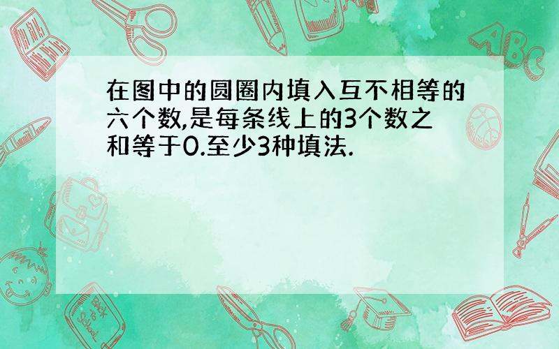 在图中的圆圈内填入互不相等的六个数,是每条线上的3个数之和等于0.至少3种填法.