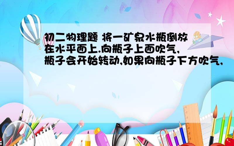 初二物理题 将一矿泉水瓶倒放在水平面上.向瓶子上面吹气,瓶子会开始转动,如果向瓶子下方吹气,