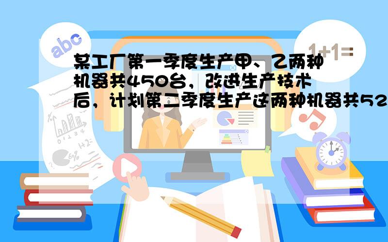 某工厂第一季度生产甲、乙两种机器共450台，改进生产技术后，计划第二季度生产这两种机器共520台，其中甲种机器增产10%