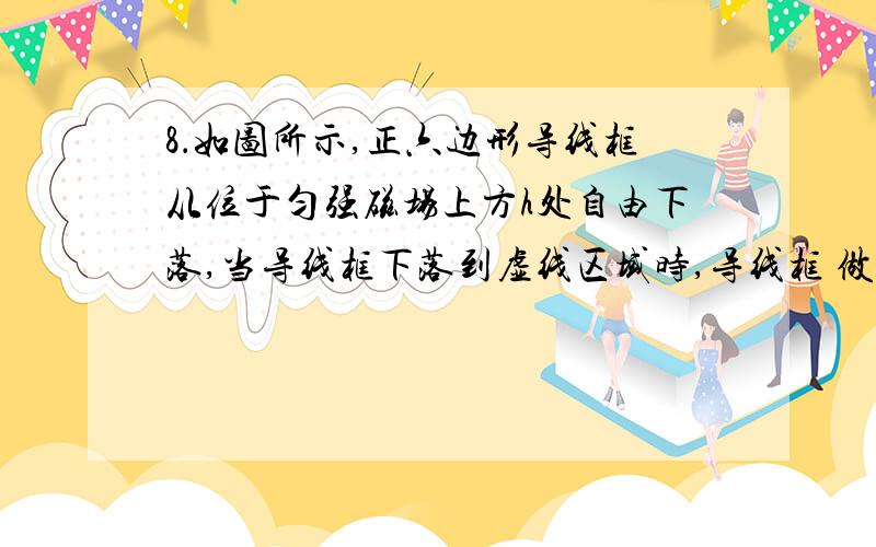 8．如图所示,正六边形导线框从位于匀强磁场上方h处自由下落,当导线框下落到虚线区域时,导线框 做匀速