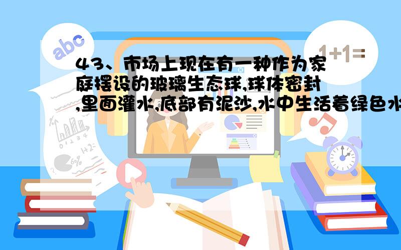 43、市场上现在有一种作为家庭摆设的玻璃生态球,球体密封,里面灌水,底部有泥沙,水中生活着绿色水藻和几条小鱼.请根据这个