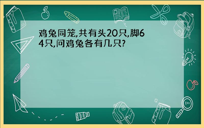 鸡兔同笼,共有头20只,脚64只,问鸡兔各有几只?