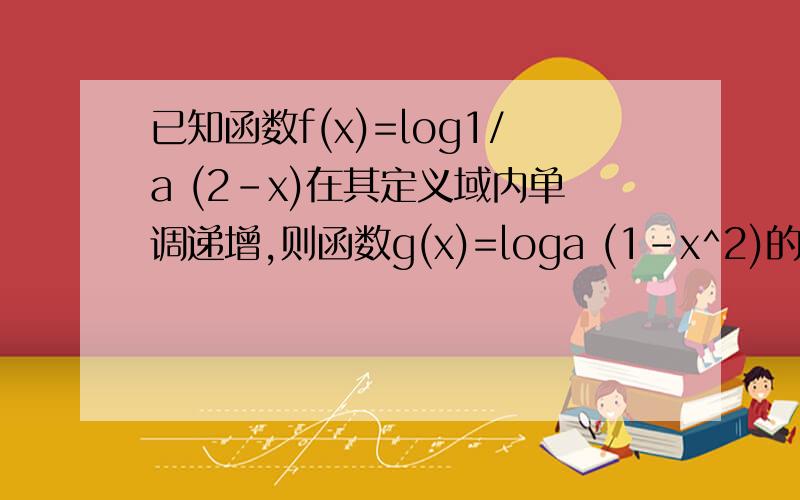 已知函数f(x)=log1/a (2-x)在其定义域内单调递增,则函数g(x)=loga (1-x^2)的单调递减区间是