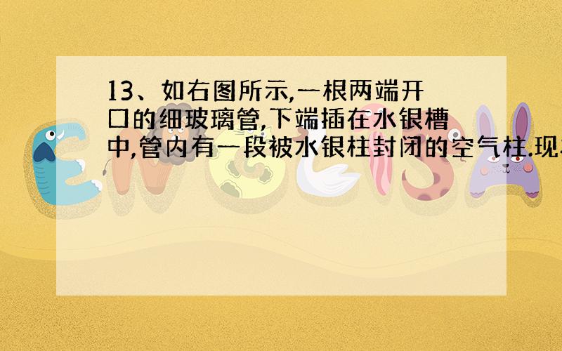 13、如右图所示,一根两端开口的细玻璃管,下端插在水银槽中,管内有一段被水银柱封闭的空气柱.现将玻璃管向上缓缓提起,直至