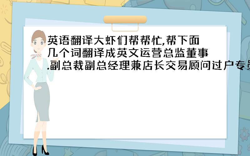 英语翻译大虾们帮帮忙,帮下面几个词翻译成英文运营总监董事.副总裁副总经理兼店长交易顾问过户专员