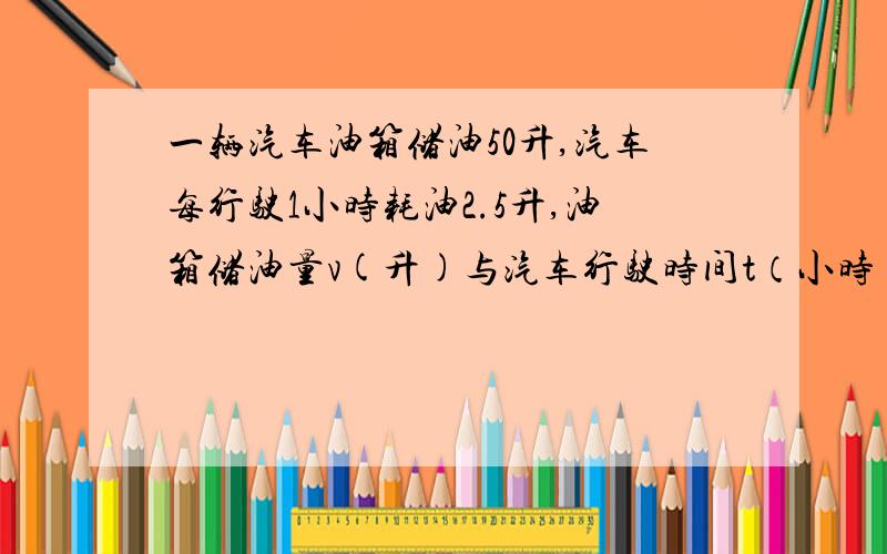 一辆汽车油箱储油50升,汽车每行驶1小时耗油2.5升,油箱储油量v(升)与汽车行驶时间t（小时）之间的函数关系