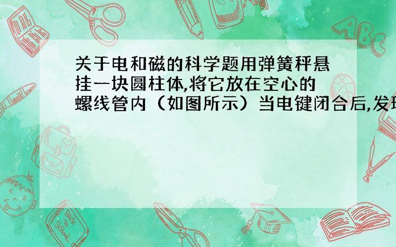 关于电和磁的科学题用弹簧秤悬挂一块圆柱体,将它放在空心的螺线管内（如图所示）当电键闭合后,发现弹簧秤的读数减小,则可以判