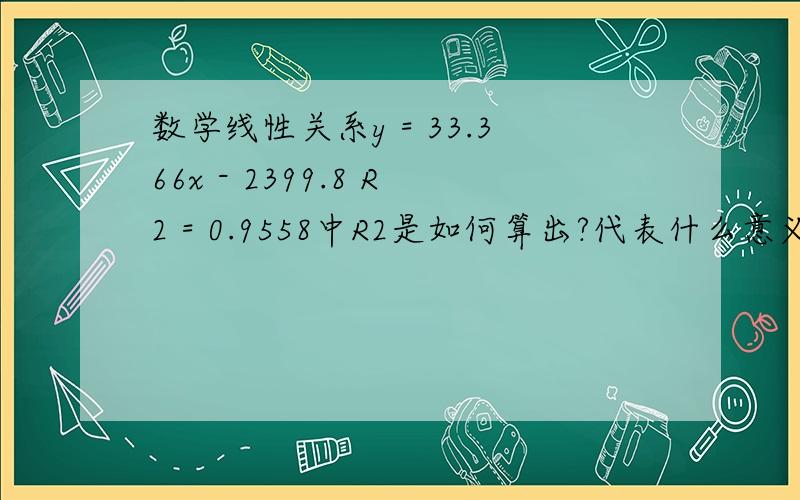 数学线性关系y = 33.366x - 2399.8 R2 = 0.9558中R2是如何算出?代表什么意义?