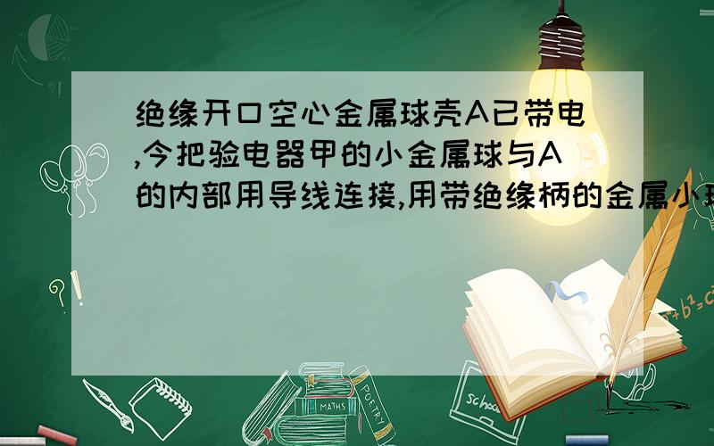 绝缘开口空心金属球壳A已带电,今把验电器甲的小金属球与A的内部用导线连接,用带绝缘柄的金属小球B与A内壁接触后再与验电器