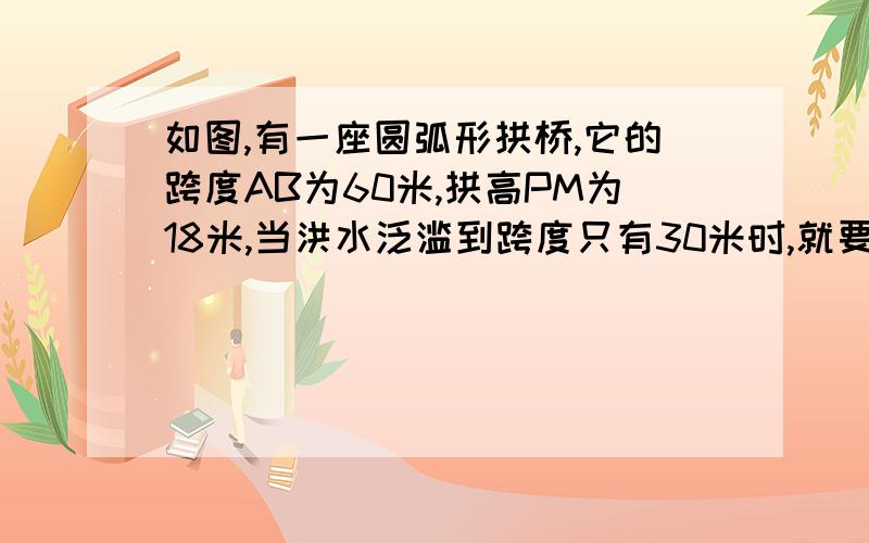 如图,有一座圆弧形拱桥,它的跨度AB为60米,拱高PM为18米,当洪水泛滥到跨度只有30米时,就要采取紧急措施,若拱顶离