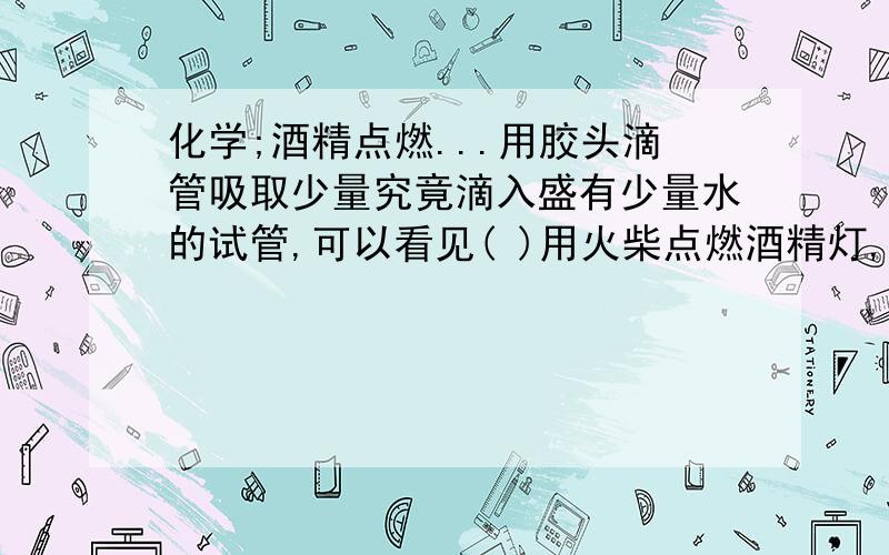 化学;酒精点燃...用胶头滴管吸取少量究竟滴入盛有少量水的试管,可以看见( )用火柴点燃酒精灯,发现( )酒精点燃能生成