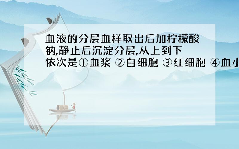 血液的分层血样取出后加柠檬酸钠,静止后沉淀分层,从上到下依次是①血浆 ②白细胞 ③红细胞 ④血小板 A,①②④③ B,①