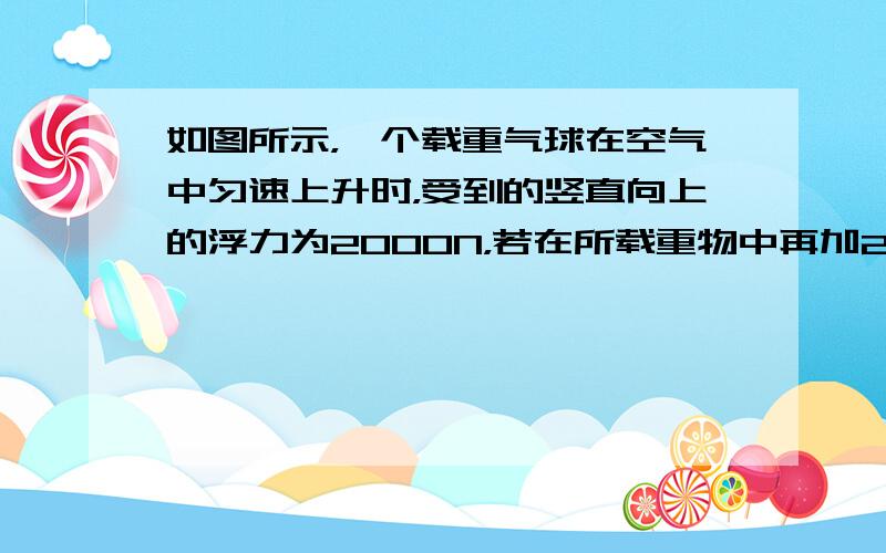 如图所示，一个载重气球在空气中匀速上升时，受到的竖直向上的浮力为2000N，若在所载重物中再加200N的物体，这时气球就