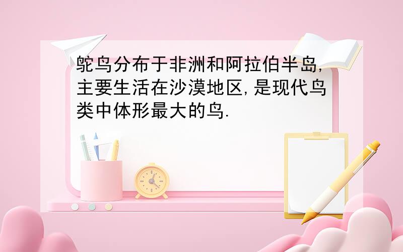 鸵鸟分布于非洲和阿拉伯半岛,主要生活在沙漠地区,是现代鸟类中体形最大的鸟.