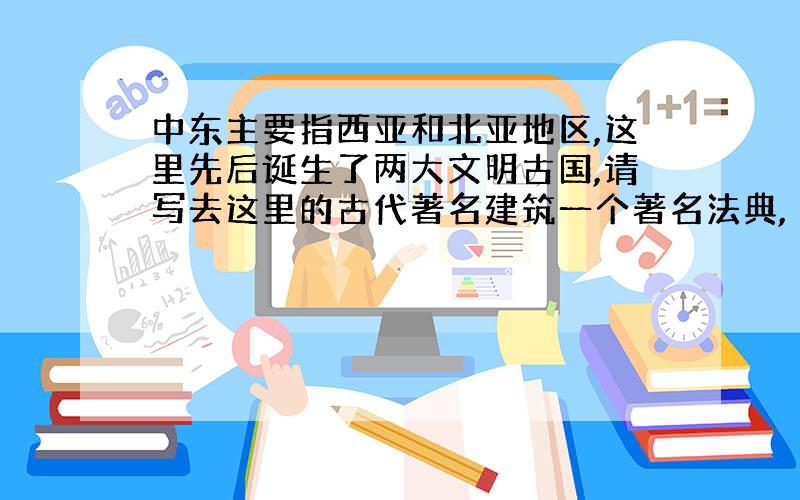 中东主要指西亚和北亚地区,这里先后诞生了两大文明古国,请写去这里的古代著名建筑一个著名法典,