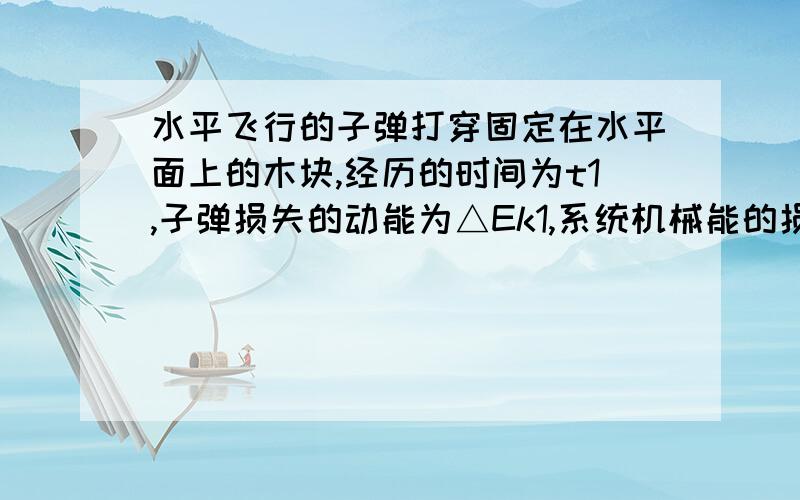 水平飞行的子弹打穿固定在水平面上的木块,经历的时间为t1,子弹损失的动能为△Ek1,系统机械能的损失为E1,同样的子弹以