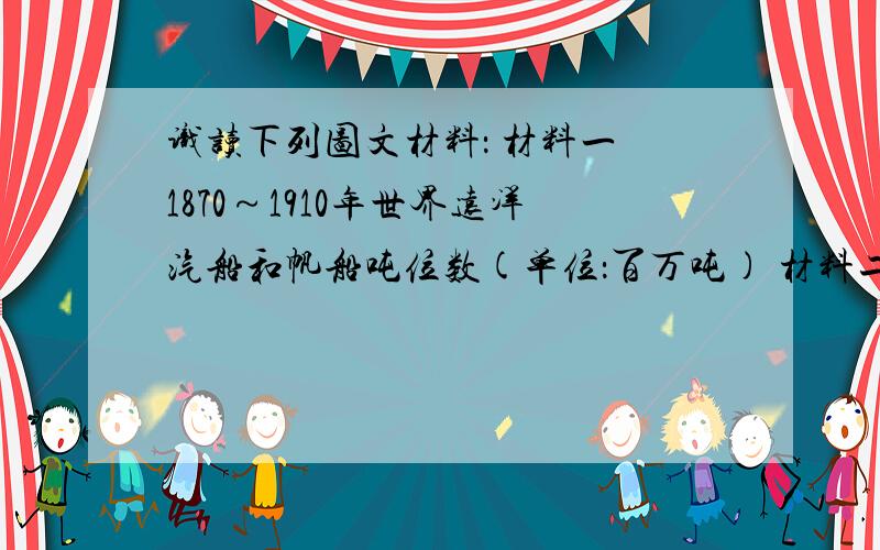 识读下列图文材料： 材料一 1870～1910年世界远洋汽船和帆船吨位数(单位：百万吨) 材料二 1860～1913年世