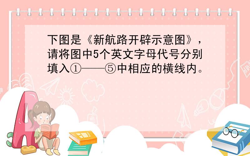 下图是《新航路开辟示意图》，请将图中5个英文字母代号分别填入①——⑤中相应的横线内。