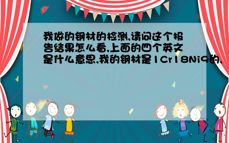 我做的钢材的检测,请问这个报告结果怎么看,上面的四个英文是什么意思,我的钢材是1Cr18Ni9的,