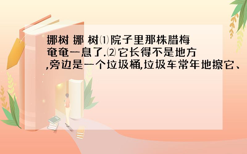 挪树 挪 树⑴院子里那株腊梅奄奄一息了.⑵它长得不是地方,旁边是一个垃圾桶,垃圾车常年地擦它、蹭它、碾它,原来风姿飘逸的