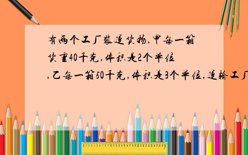 有两个工厂装运货物,甲每一箱货重40千克,体积是2个单位,乙每一箱50千克,体积是3个单位,运输工厂甲、乙的每一箱货物分