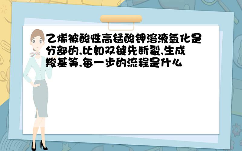 乙烯被酸性高锰酸钾溶液氧化是分部的,比如双键先断裂,生成羧基等,每一步的流程是什么