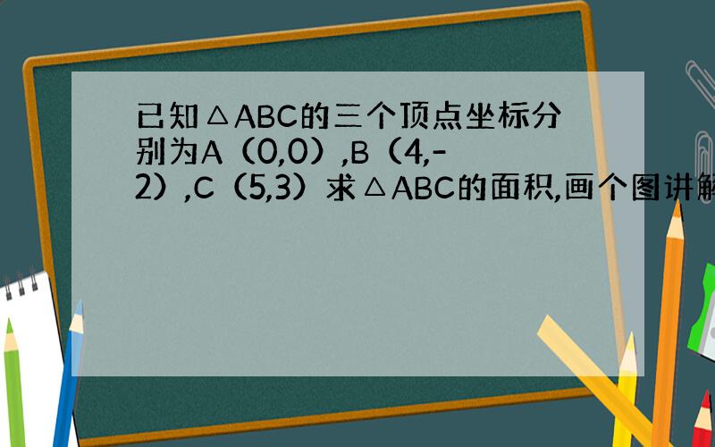 已知△ABC的三个顶点坐标分别为A（0,0）,B（4,-2）,C（5,3）求△ABC的面积,画个图讲解给我听