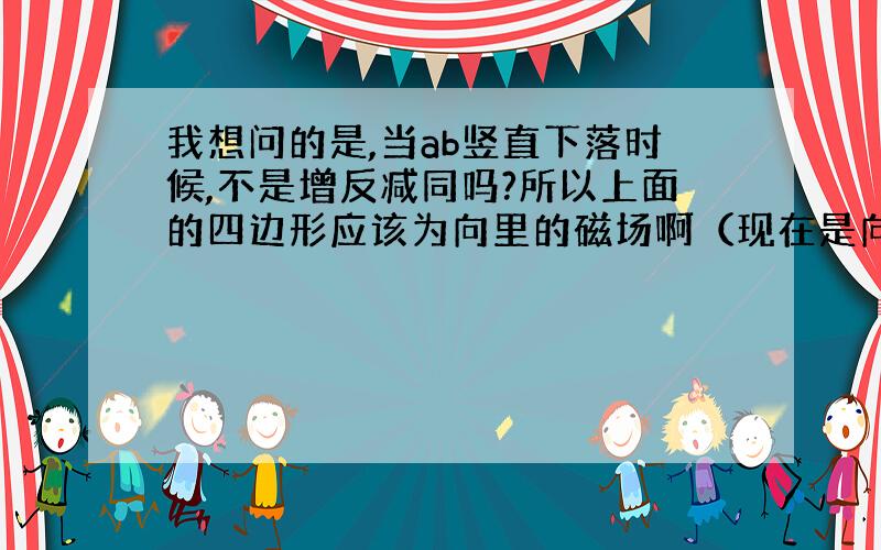 我想问的是,当ab竖直下落时候,不是增反减同吗?所以上面的四边形应该为向里的磁场啊（现在是向外的）.还是这么想有什么不对