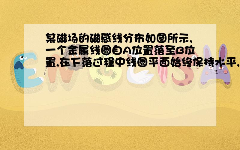 某磁场的磁感线分布如图所示,一个金属线圈自A位置落至B位置,在下落过程中线圈平面始终保持水平,则从上往下看,线圈中的感应