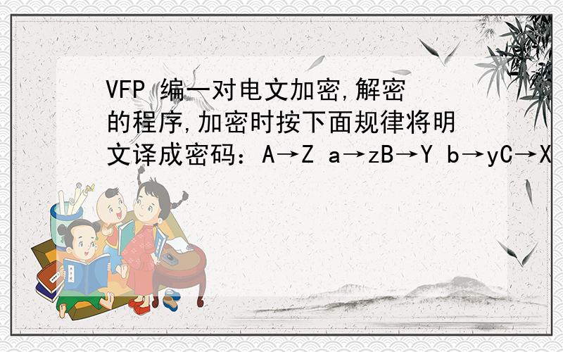 VFP 编一对电文加密,解密的程序,加密时按下面规律将明文译成密码：A→Z a→zB→Y b→yC→X c→x即第1个字