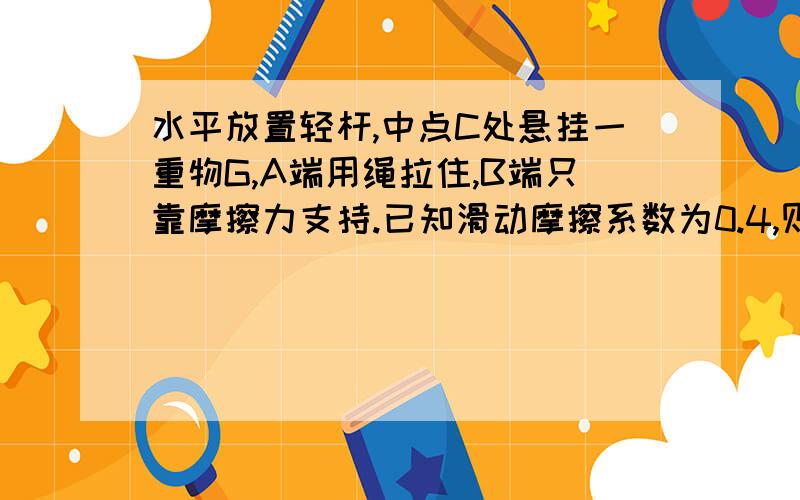 水平放置轻杆,中点C处悬挂一重物G,A端用绳拉住,B端只靠摩擦力支持.已知滑动摩擦系数为0.4,则要维持平衡状态α角不应