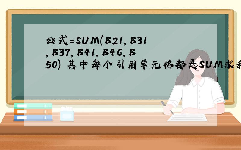 公式=SUM(B21,B31,B37,B41,B46,B50) 其中每个引用单元格都是SUM求和的,函数计算结果为56,