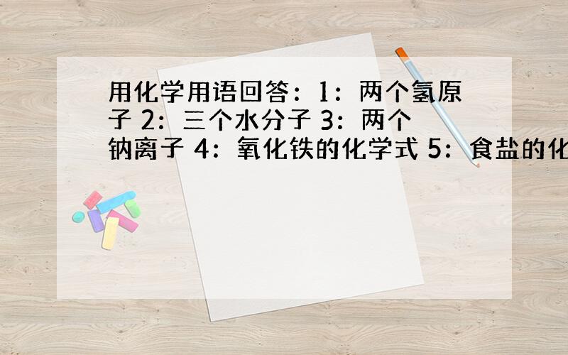 用化学用语回答：1：两个氢原子 2：三个水分子 3：两个钠离子 4：氧化铁的化学式 5：食盐的化学式 6：...