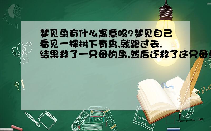 梦见鸟有什么寓意吗?梦见自己看见一棵树下有鸟,就跑过去,结果救了一只母的鸟,然后还救了这只母鸟身边的五颗鸟蛋,鸟比较小只