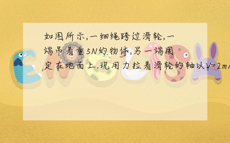 如图所示,一细绳跨过滑轮,一端吊着重5N的物体,另一端固定在地面上.现用力拉着滑轮的轴以V=2m/s的速度匀速向上运动.