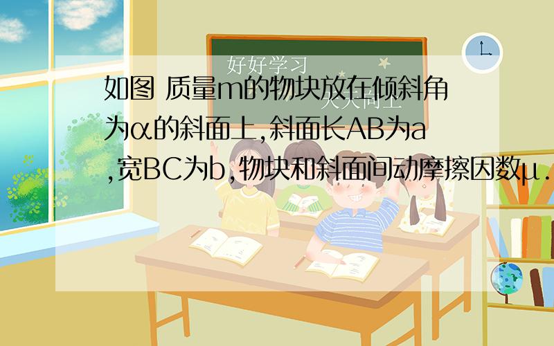 如图 质量m的物块放在倾斜角为α的斜面上,斜面长AB为a,宽BC为b,物块和斜面间动摩擦因数μ.要使物块平行