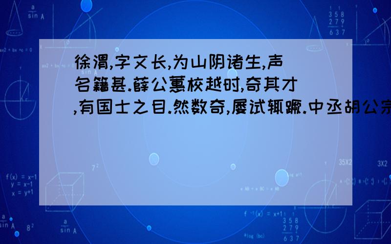 徐渭,字文长,为山阴诸生,声名籍甚.薛公蕙校越时,奇其才,有国士之目.然数奇,屡试辄蹶.中丞胡公宗宪闻之,客诸幕.文长每