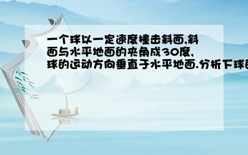 一个球以一定速度撞击斜面,斜面与水平地面的夹角成30度,球的运动方向垂直于水平地面.分析下球的运动 最好画个示意图