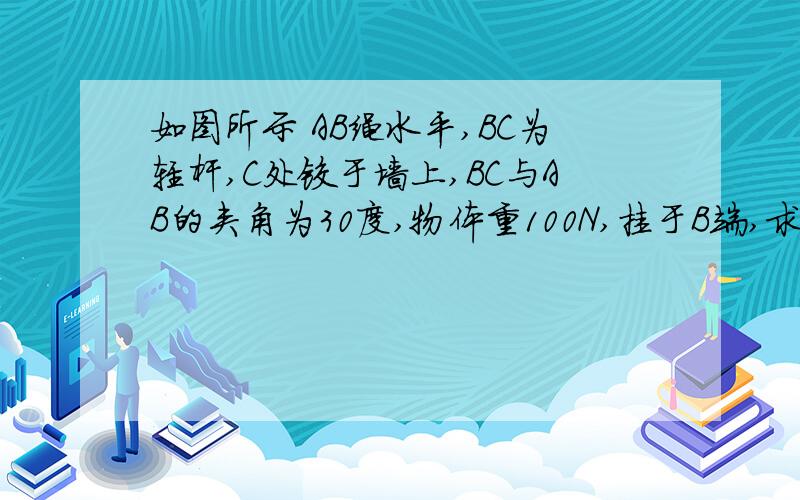 如图所示 AB绳水平,BC为轻杆,C处铰于墙上,BC与AB的夹角为30度,物体重100N,挂于B端,求绳AB和杆BC所受