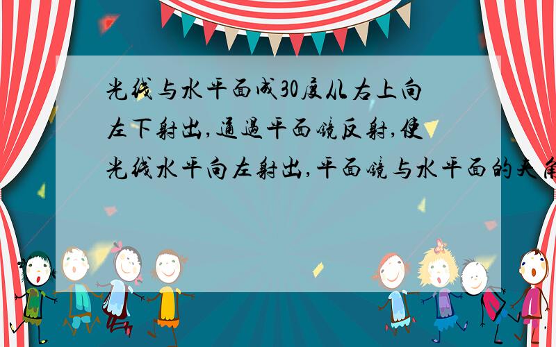 光线与水平面成30度从右上向左下射出,通过平面镜反射,使光线水平向左射出,平面镜与水平面的夹角为（）