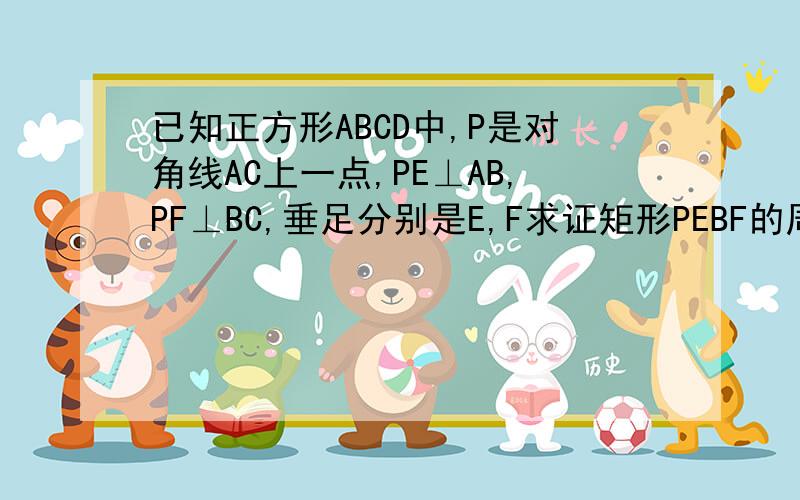 已知正方形ABCD中,P是对角线AC上一点,PE⊥AB,PF⊥BC,垂足分别是E,F求证矩形PEBF的周长是正方形的一半