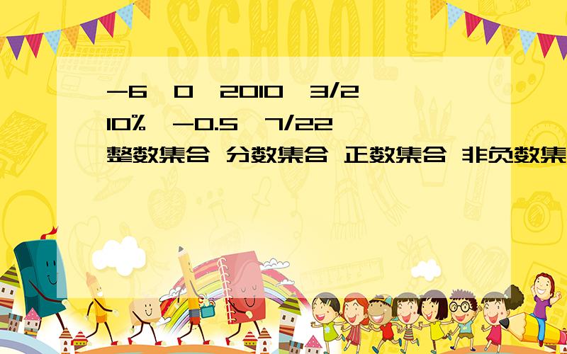 -6,0,2010,3/2,10%,-0.5,7/22 整数集合 分数集合 正数集合 非负数集合