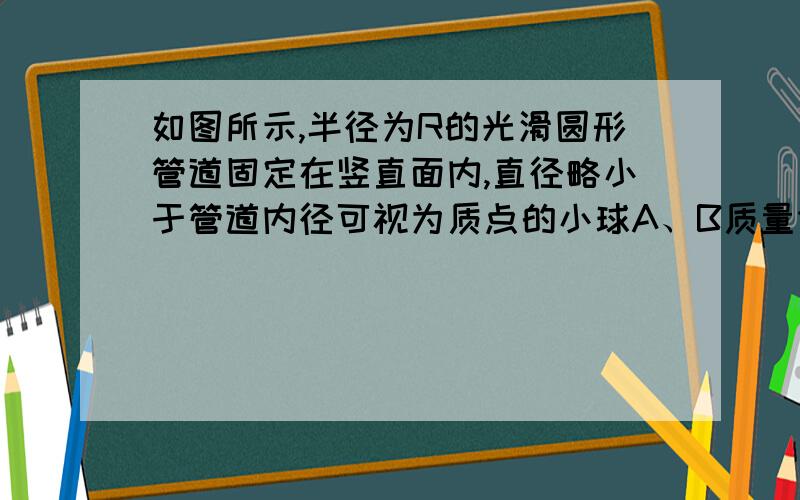 如图所示,半径为R的光滑圆形管道固定在竖直面内,直径略小于管道内径可视为质点的小球A、B质量分别为m1 m2,A球从管道