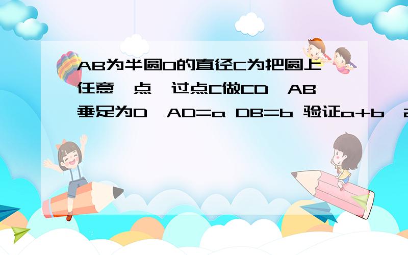 AB为半圆O的直径C为把圆上任意一点,过点C做CD⊥AB垂足为D,AD=a DB=b 验证a+b≥2根号ab