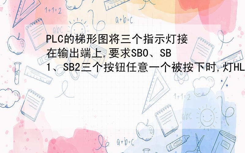 PLC的梯形图将三个指示灯接在输出端上,要求SB0、SB1、SB2三个按钮任意一个被按下时,灯HL0亮,按下任意两个按钮