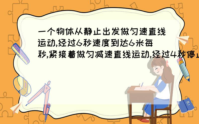 一个物体从静止出发做匀速直线运动,经过6秒速度到达6米每秒,紧接着做匀减速直线运动,经过4秒停止.求：物体在全过程中的平